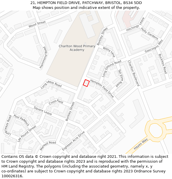 21, HEMPTON FIELD DRIVE, PATCHWAY, BRISTOL, BS34 5DD: Location map and indicative extent of plot