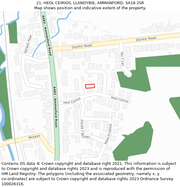 21, HEOL CEIRIOS, LLANDYBIE, AMMANFORD, SA18 2SR: Location map and indicative extent of plot