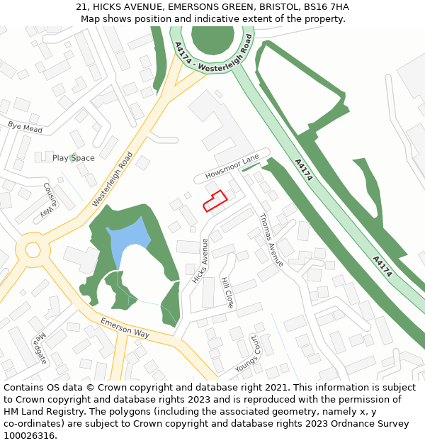 21, HICKS AVENUE, EMERSONS GREEN, BRISTOL, BS16 7HA: Location map and indicative extent of plot