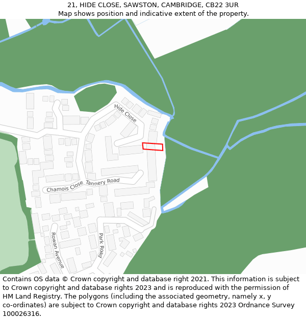 21, HIDE CLOSE, SAWSTON, CAMBRIDGE, CB22 3UR: Location map and indicative extent of plot