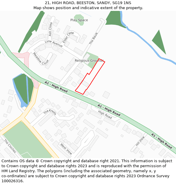 21, HIGH ROAD, BEESTON, SANDY, SG19 1NS: Location map and indicative extent of plot