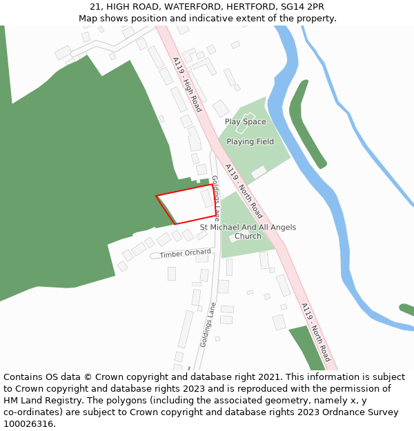 21, HIGH ROAD, WATERFORD, HERTFORD, SG14 2PR: Location map and indicative extent of plot