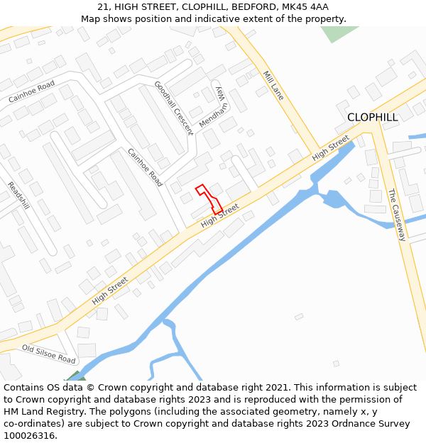 21, HIGH STREET, CLOPHILL, BEDFORD, MK45 4AA: Location map and indicative extent of plot