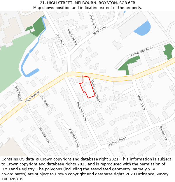 21, HIGH STREET, MELBOURN, ROYSTON, SG8 6ER: Location map and indicative extent of plot