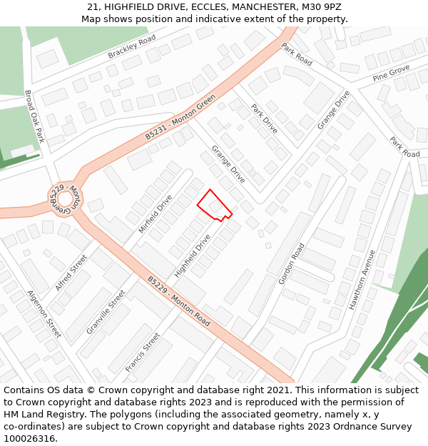 21, HIGHFIELD DRIVE, ECCLES, MANCHESTER, M30 9PZ: Location map and indicative extent of plot