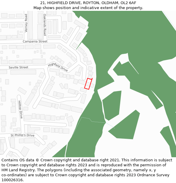 21, HIGHFIELD DRIVE, ROYTON, OLDHAM, OL2 6AF: Location map and indicative extent of plot