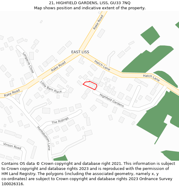 21, HIGHFIELD GARDENS, LISS, GU33 7NQ: Location map and indicative extent of plot