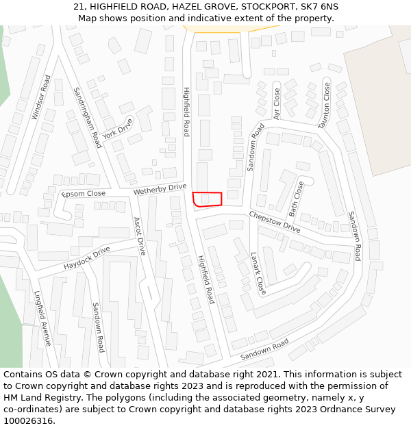 21, HIGHFIELD ROAD, HAZEL GROVE, STOCKPORT, SK7 6NS: Location map and indicative extent of plot