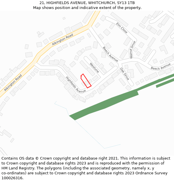 21, HIGHFIELDS AVENUE, WHITCHURCH, SY13 1TB: Location map and indicative extent of plot