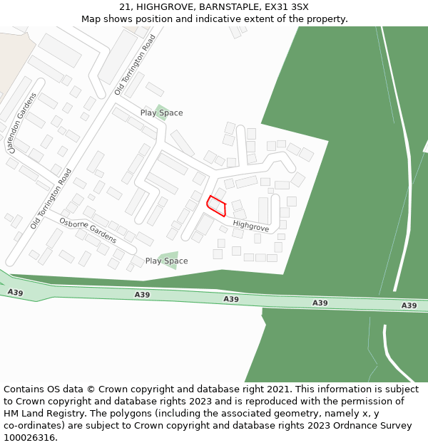 21, HIGHGROVE, BARNSTAPLE, EX31 3SX: Location map and indicative extent of plot