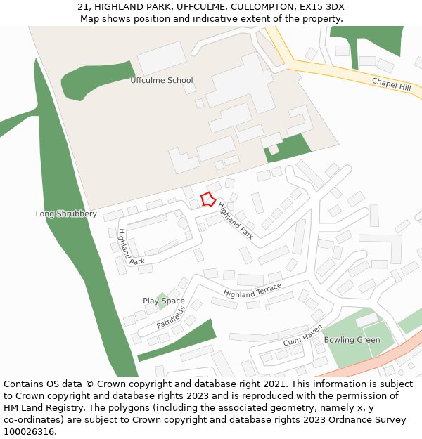 21, HIGHLAND PARK, UFFCULME, CULLOMPTON, EX15 3DX: Location map and indicative extent of plot