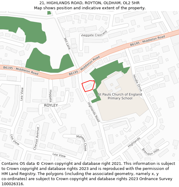 21, HIGHLANDS ROAD, ROYTON, OLDHAM, OL2 5HR: Location map and indicative extent of plot