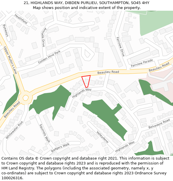 21, HIGHLANDS WAY, DIBDEN PURLIEU, SOUTHAMPTON, SO45 4HY: Location map and indicative extent of plot