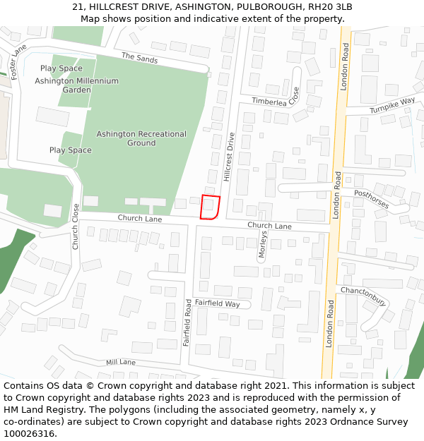 21, HILLCREST DRIVE, ASHINGTON, PULBOROUGH, RH20 3LB: Location map and indicative extent of plot