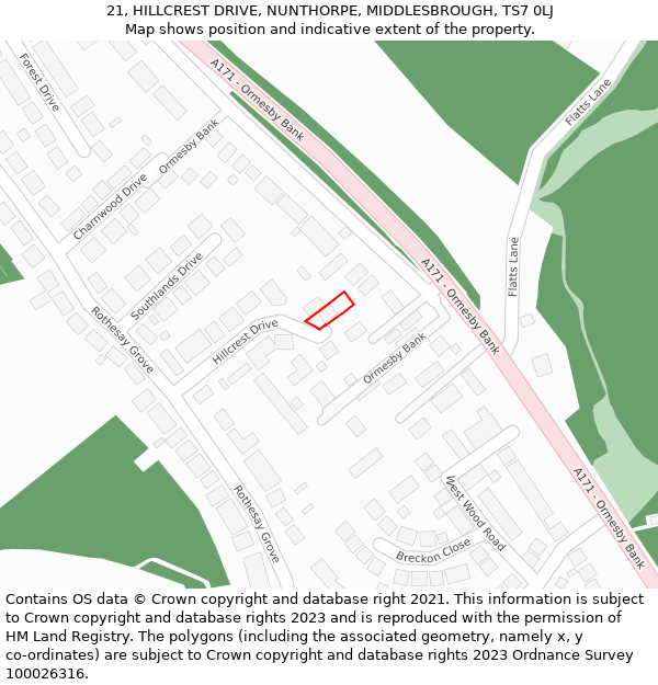 21, HILLCREST DRIVE, NUNTHORPE, MIDDLESBROUGH, TS7 0LJ: Location map and indicative extent of plot