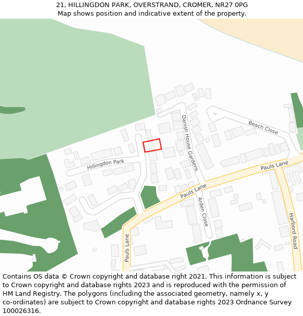 21, HILLINGDON PARK, OVERSTRAND, CROMER, NR27 0PG: Location map and indicative extent of plot