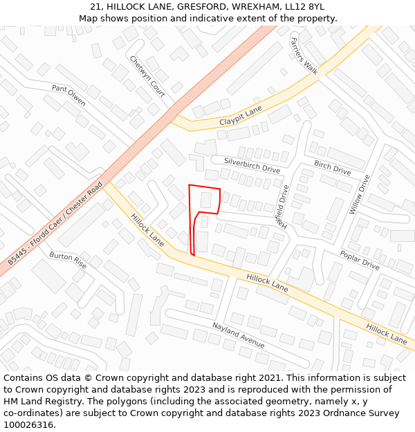 21, HILLOCK LANE, GRESFORD, WREXHAM, LL12 8YL: Location map and indicative extent of plot