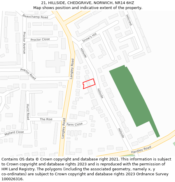 21, HILLSIDE, CHEDGRAVE, NORWICH, NR14 6HZ: Location map and indicative extent of plot