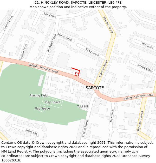 21, HINCKLEY ROAD, SAPCOTE, LEICESTER, LE9 4FS: Location map and indicative extent of plot