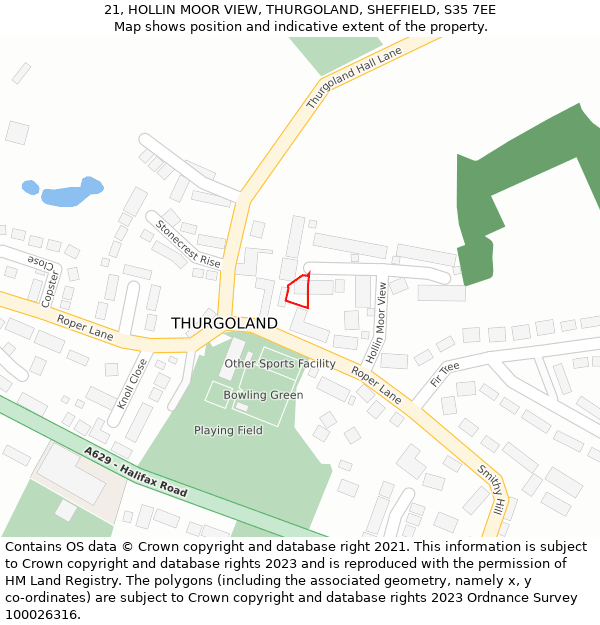 21, HOLLIN MOOR VIEW, THURGOLAND, SHEFFIELD, S35 7EE: Location map and indicative extent of plot