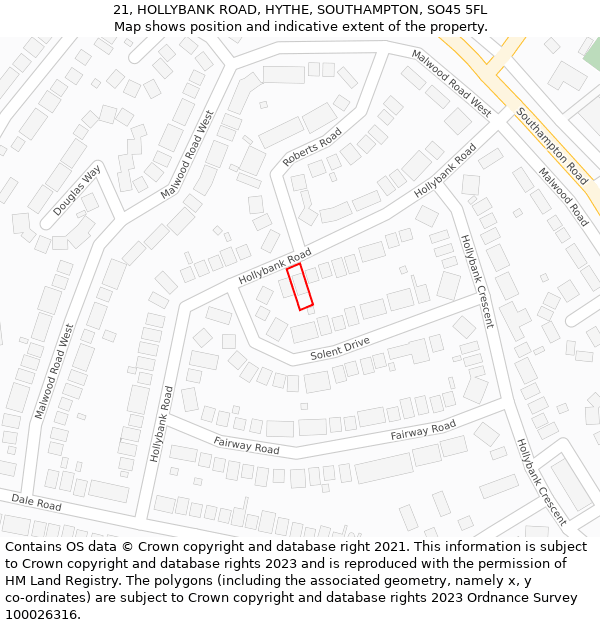 21, HOLLYBANK ROAD, HYTHE, SOUTHAMPTON, SO45 5FL: Location map and indicative extent of plot