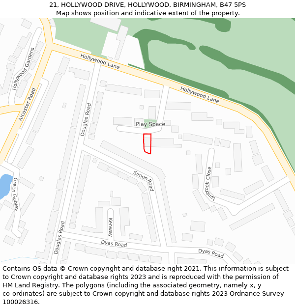 21, HOLLYWOOD DRIVE, HOLLYWOOD, BIRMINGHAM, B47 5PS: Location map and indicative extent of plot