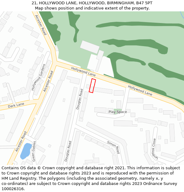 21, HOLLYWOOD LANE, HOLLYWOOD, BIRMINGHAM, B47 5PT: Location map and indicative extent of plot