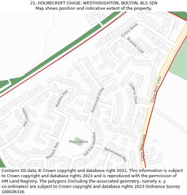 21, HOLMECROFT CHASE, WESTHOUGHTON, BOLTON, BL5 3ZN: Location map and indicative extent of plot