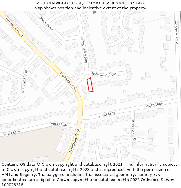 21, HOLMWOOD CLOSE, FORMBY, LIVERPOOL, L37 1XW: Location map and indicative extent of plot