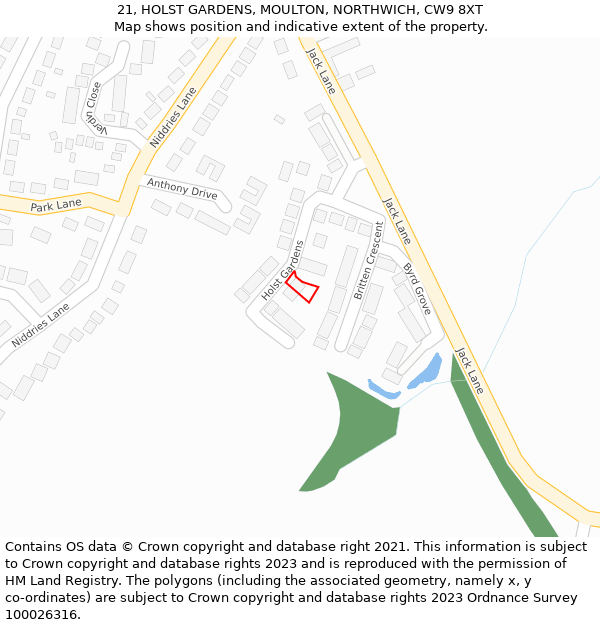 21, HOLST GARDENS, MOULTON, NORTHWICH, CW9 8XT: Location map and indicative extent of plot