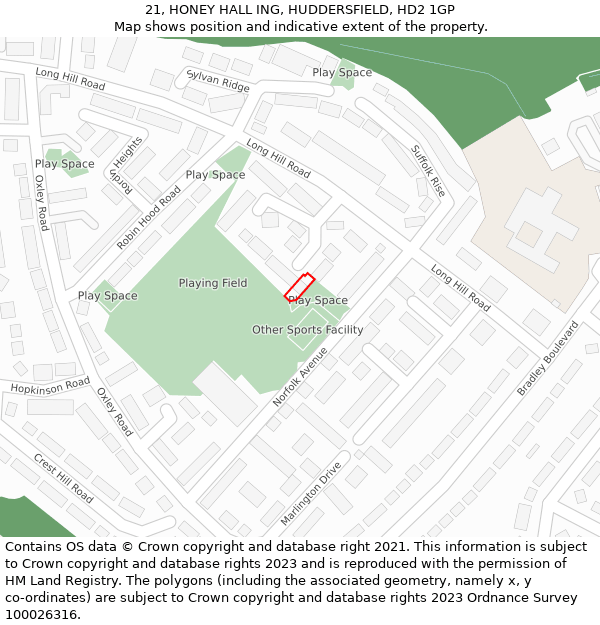 21, HONEY HALL ING, HUDDERSFIELD, HD2 1GP: Location map and indicative extent of plot