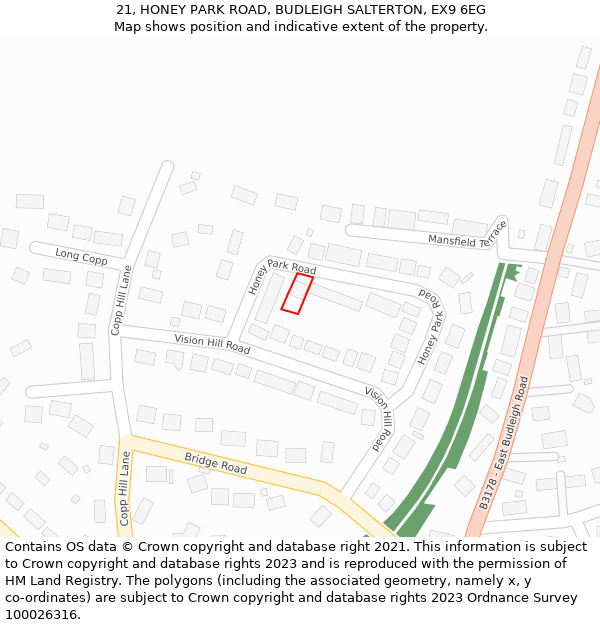 21, HONEY PARK ROAD, BUDLEIGH SALTERTON, EX9 6EG: Location map and indicative extent of plot