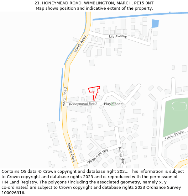 21, HONEYMEAD ROAD, WIMBLINGTON, MARCH, PE15 0NT: Location map and indicative extent of plot