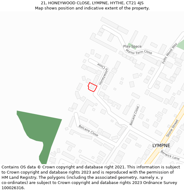 21, HONEYWOOD CLOSE, LYMPNE, HYTHE, CT21 4JS: Location map and indicative extent of plot