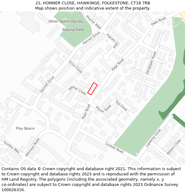 21, HONNER CLOSE, HAWKINGE, FOLKESTONE, CT18 7RB: Location map and indicative extent of plot