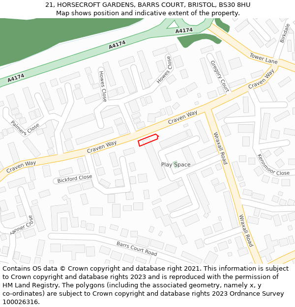 21, HORSECROFT GARDENS, BARRS COURT, BRISTOL, BS30 8HU: Location map and indicative extent of plot