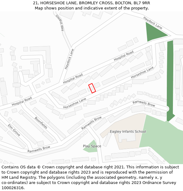 21, HORSESHOE LANE, BROMLEY CROSS, BOLTON, BL7 9RR: Location map and indicative extent of plot