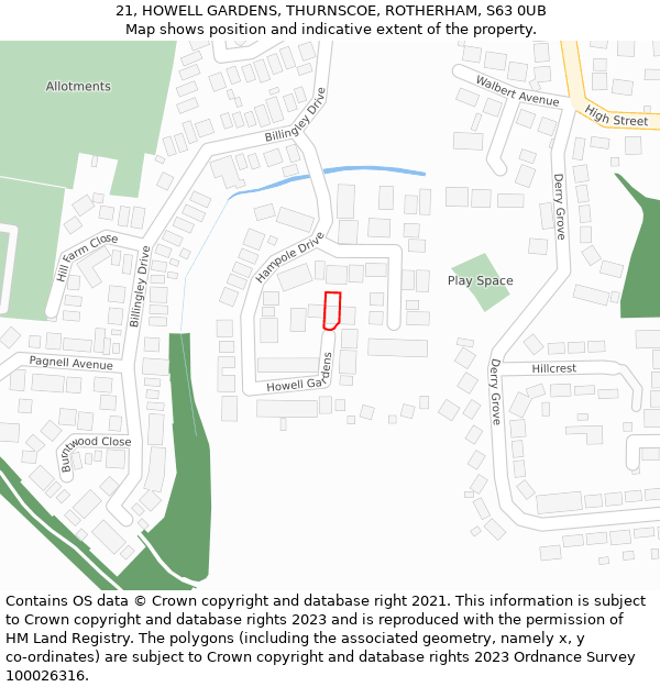 21, HOWELL GARDENS, THURNSCOE, ROTHERHAM, S63 0UB: Location map and indicative extent of plot