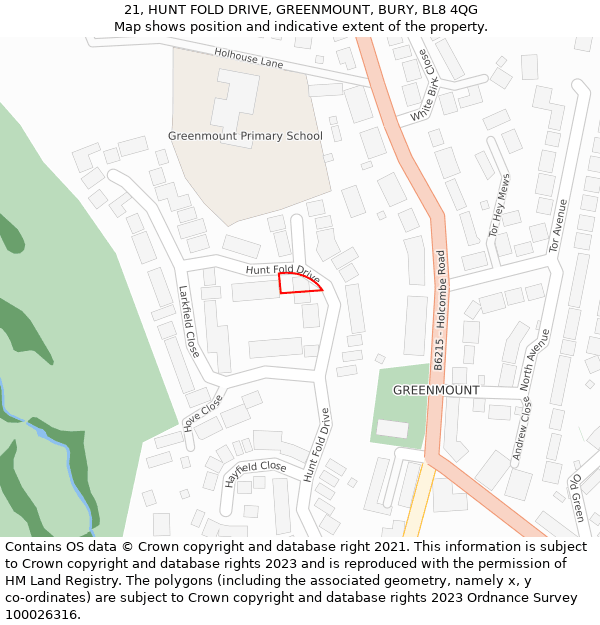 21, HUNT FOLD DRIVE, GREENMOUNT, BURY, BL8 4QG: Location map and indicative extent of plot