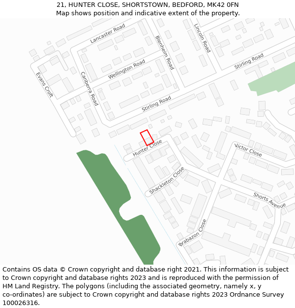 21, HUNTER CLOSE, SHORTSTOWN, BEDFORD, MK42 0FN: Location map and indicative extent of plot