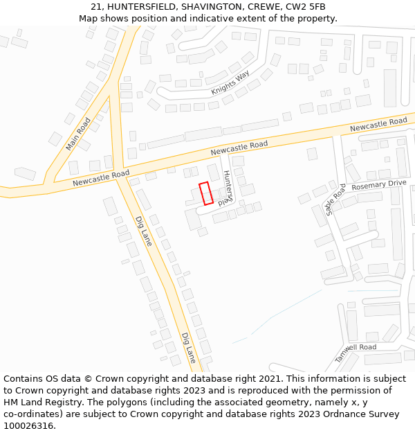 21, HUNTERSFIELD, SHAVINGTON, CREWE, CW2 5FB: Location map and indicative extent of plot