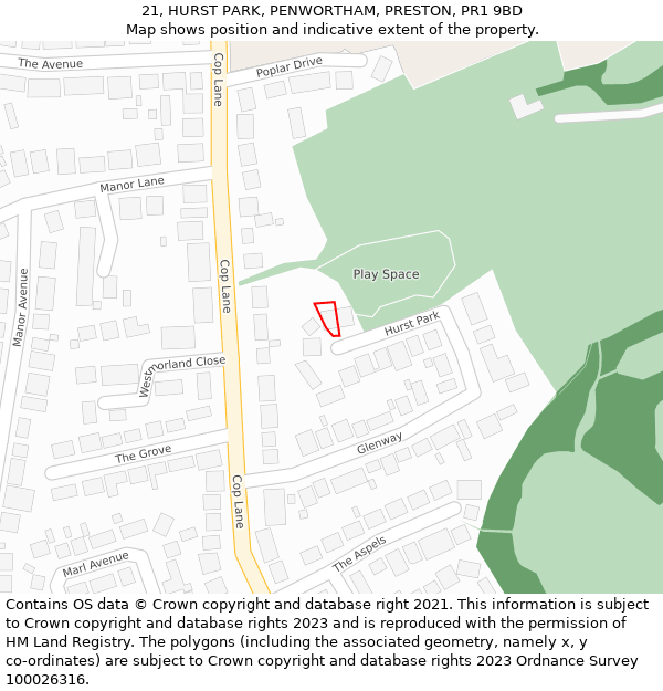 21, HURST PARK, PENWORTHAM, PRESTON, PR1 9BD: Location map and indicative extent of plot