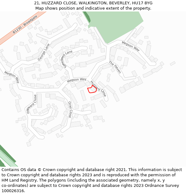 21, HUZZARD CLOSE, WALKINGTON, BEVERLEY, HU17 8YG: Location map and indicative extent of plot