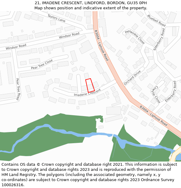 21, IMADENE CRESCENT, LINDFORD, BORDON, GU35 0PH: Location map and indicative extent of plot