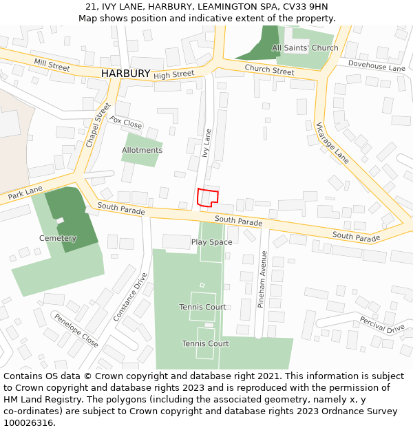 21, IVY LANE, HARBURY, LEAMINGTON SPA, CV33 9HN: Location map and indicative extent of plot