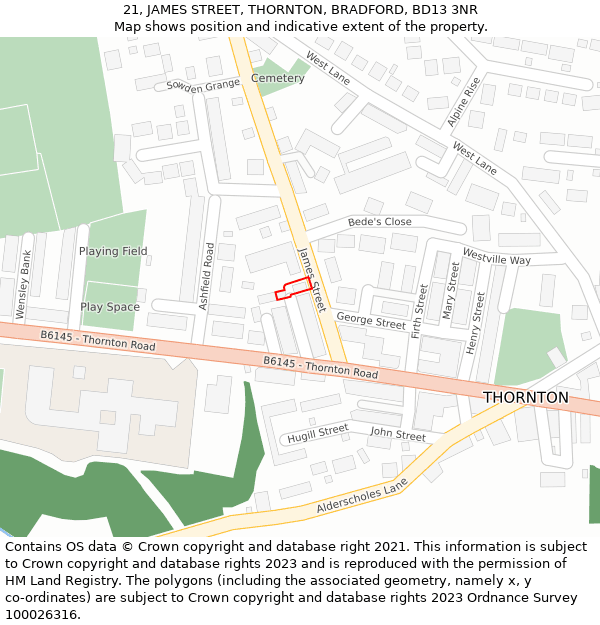 21, JAMES STREET, THORNTON, BRADFORD, BD13 3NR: Location map and indicative extent of plot