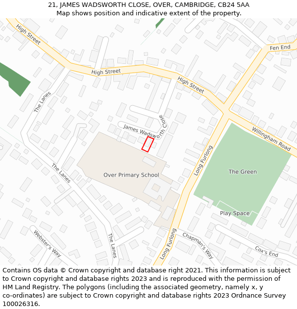 21, JAMES WADSWORTH CLOSE, OVER, CAMBRIDGE, CB24 5AA: Location map and indicative extent of plot