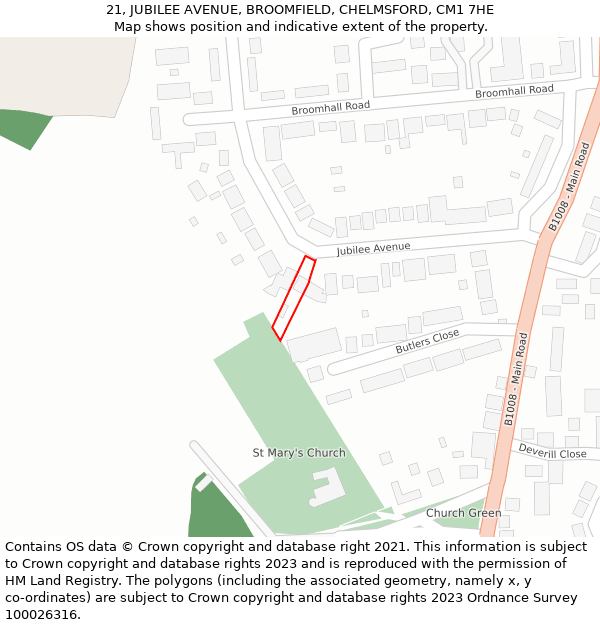 21, JUBILEE AVENUE, BROOMFIELD, CHELMSFORD, CM1 7HE: Location map and indicative extent of plot