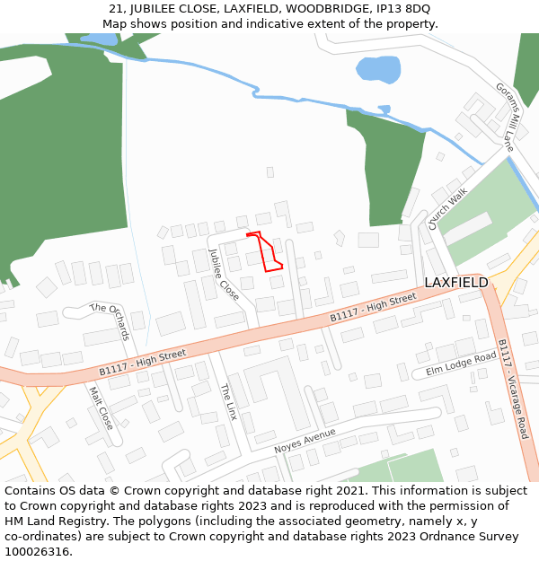 21, JUBILEE CLOSE, LAXFIELD, WOODBRIDGE, IP13 8DQ: Location map and indicative extent of plot