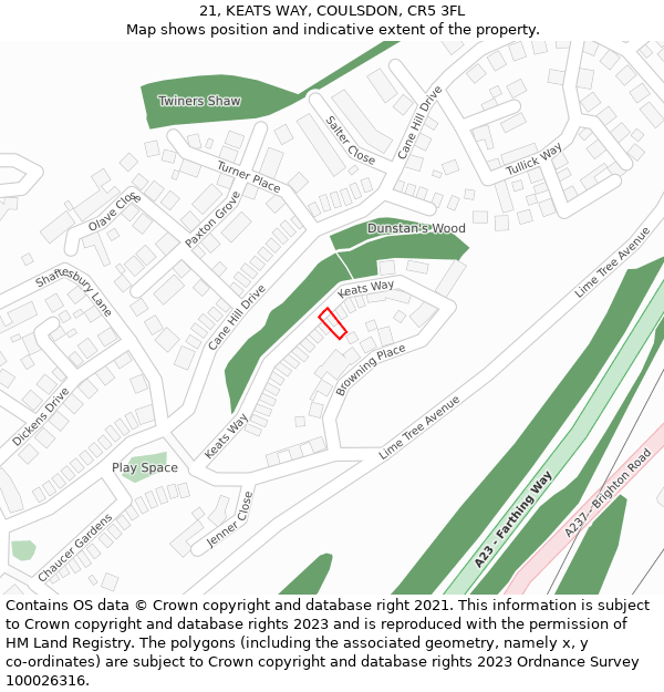 21, KEATS WAY, COULSDON, CR5 3FL: Location map and indicative extent of plot